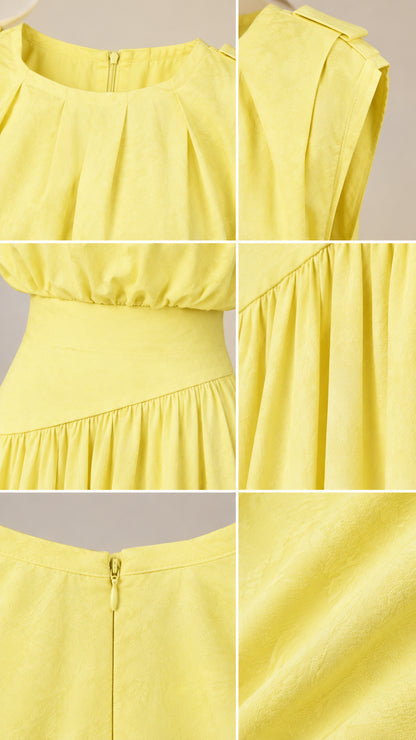Detail shots of neckline pleats, shoulder cut, waist seam, and back zipper