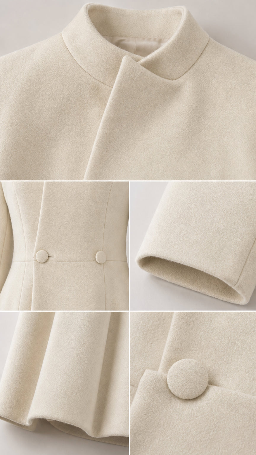 Close-up details of collar, covered waist buttons, and brushed fabric texture
