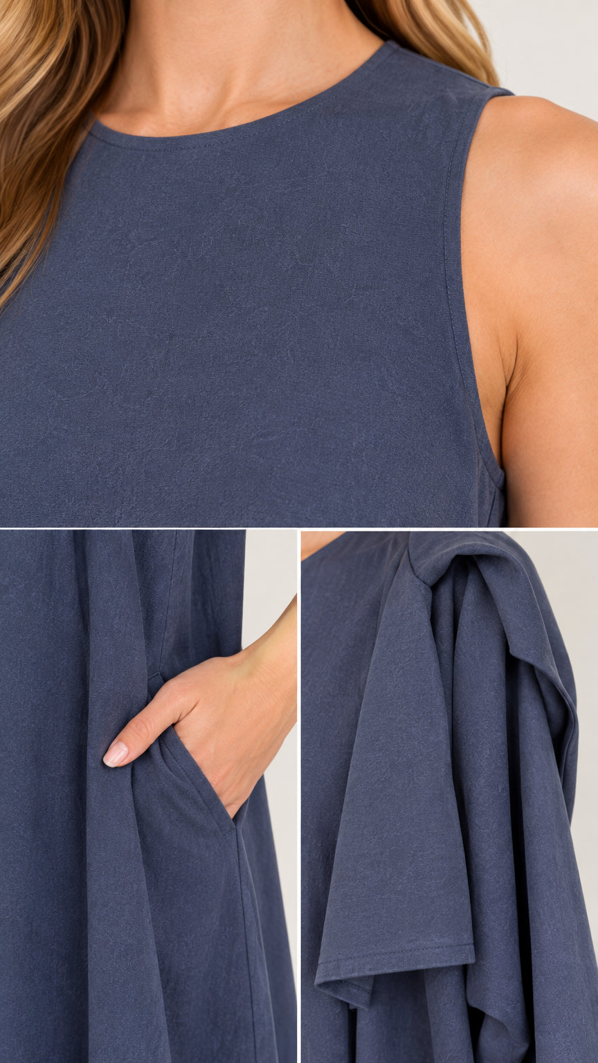 Detailed close-up views of the crew neckline, side seam pocket, and draped fabric texture