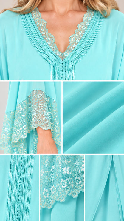 Close-up details of floral lace neckline, flared cuffs, and smooth fabric