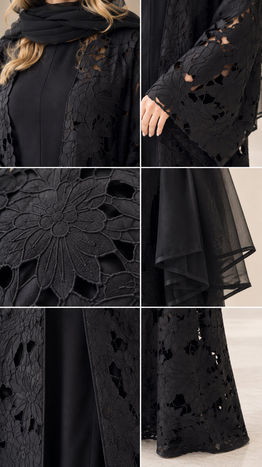 Close-up details of floral cutwork lace, bell sleeves, and sheer matching fabric in black