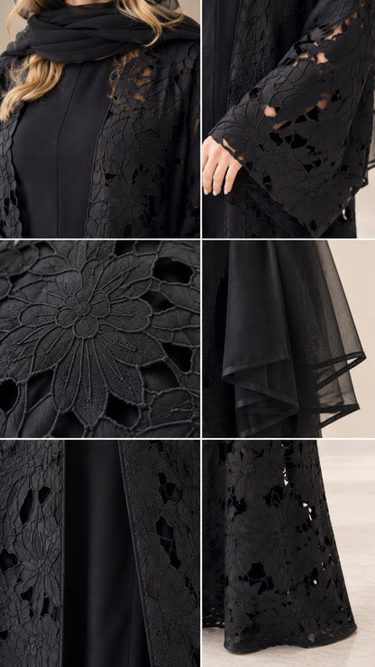Close-up details of floral cutwork lace, bell sleeves, and sheer matching fabric in black