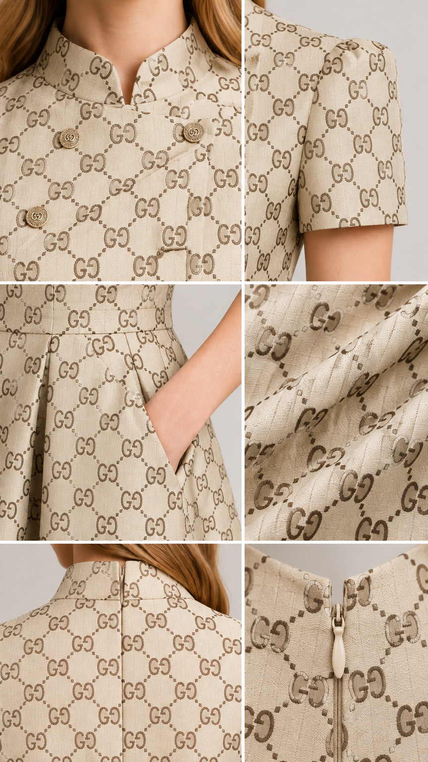 Close-up details of beige jacquard dress collar, buttons, pockets, fabric texture, and back zipper
