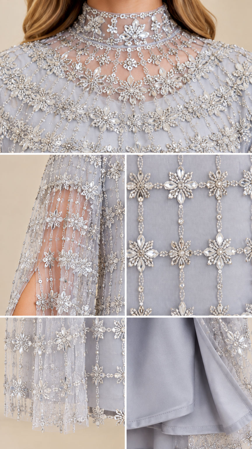 Close-up details of beaded mock neckline, crystal embroidery, sheer slit cape, and interior lining