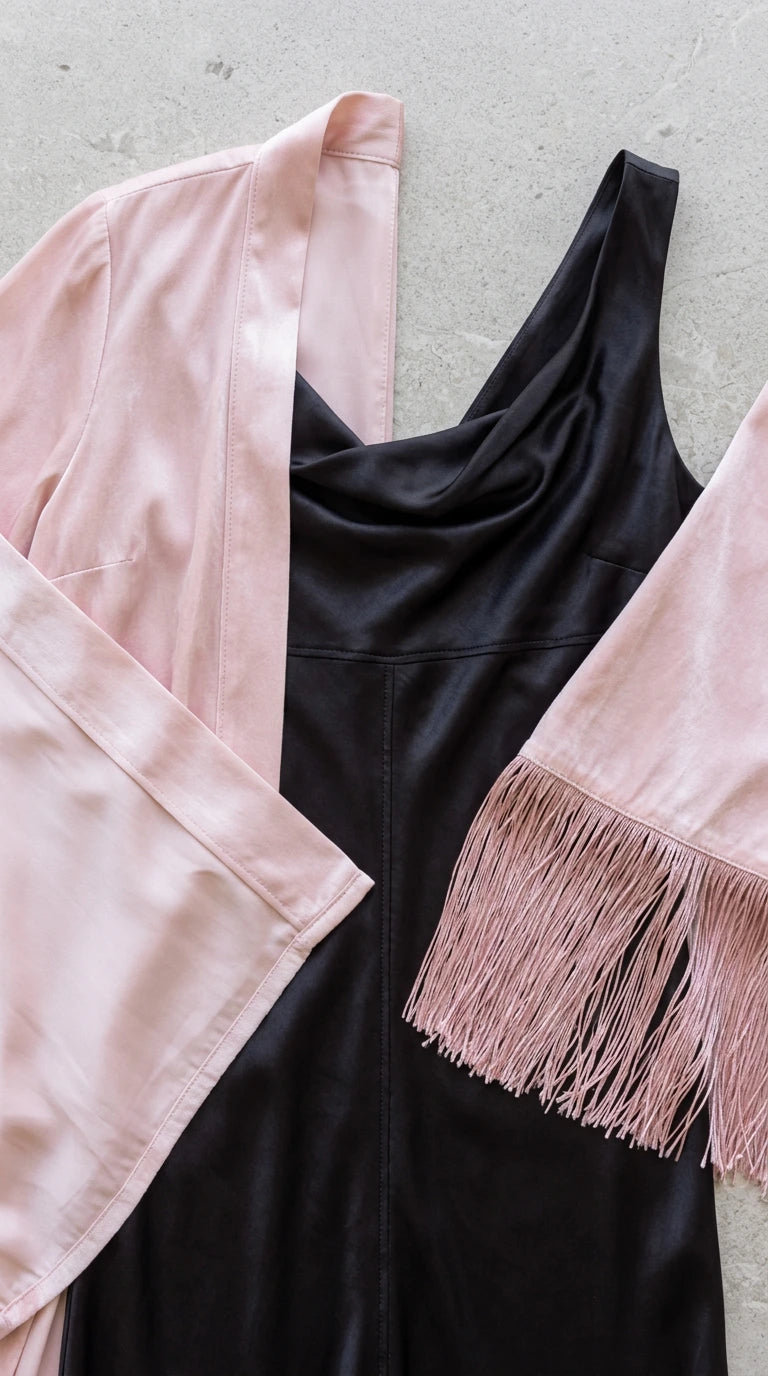Close-up detail of glossy blush satin duster sleeve with fringe trim and black cowl slip neckline