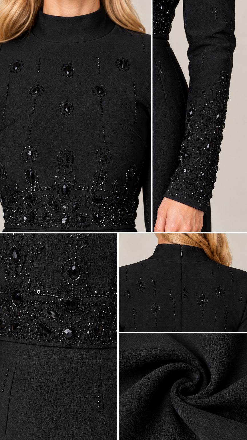 Close-up details of beaded embellishments on bodice, waistline, cuffs, and back zipper of black gown