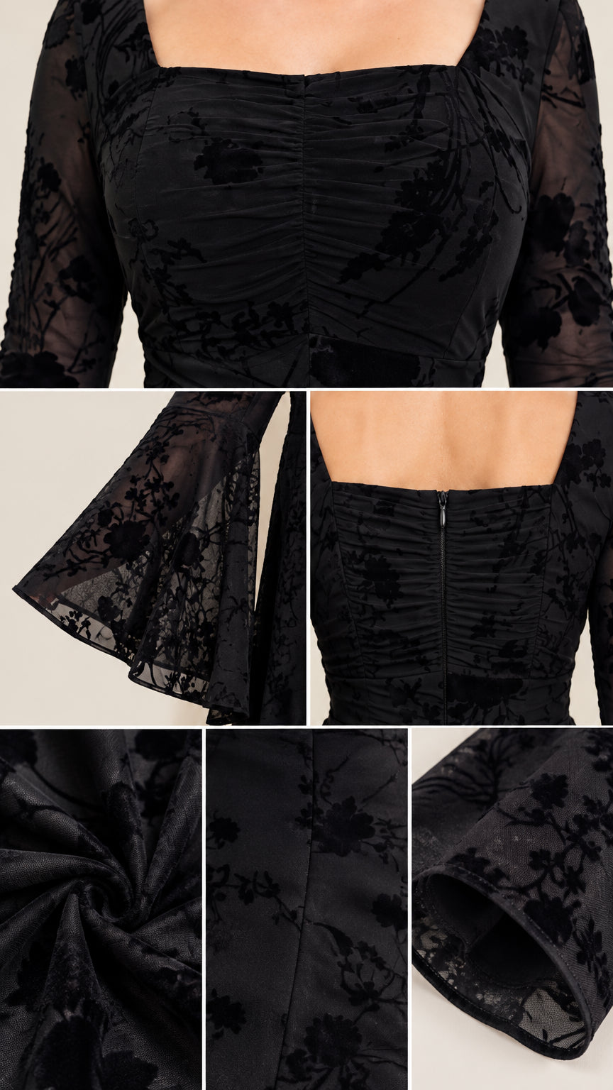 Close-up details of ruched bust, bell sleeve cuff, texture, and zipper closure on black gown