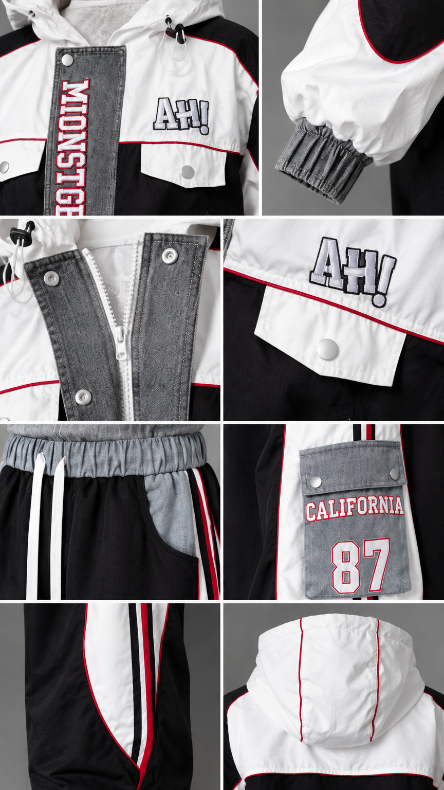 Close-up details of jacket zipper, cargo pocket graphic, hood, and elastic cuffs