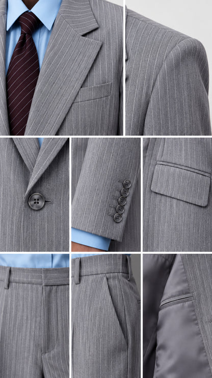 Close-up details of pinstripe fabric, buttons, pocket flap, and lining