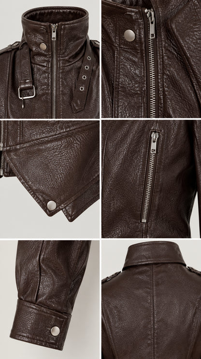Close-up details of buckle collar, zipper, snap cuffs, and pointed hem in dark brown faux leather
