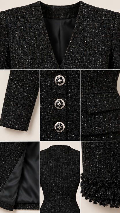 Detailed close-up views of black tweed fabric, crystal buttons, pocket flap, and fringe hem