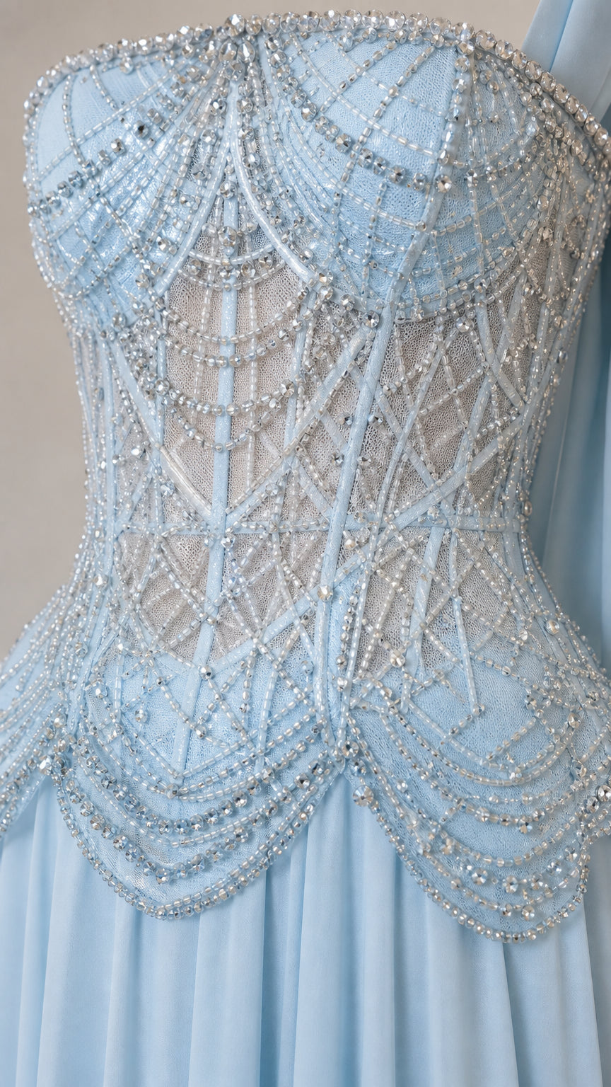 Close up of intricate crystal and bead embellishment on boned corset bodice