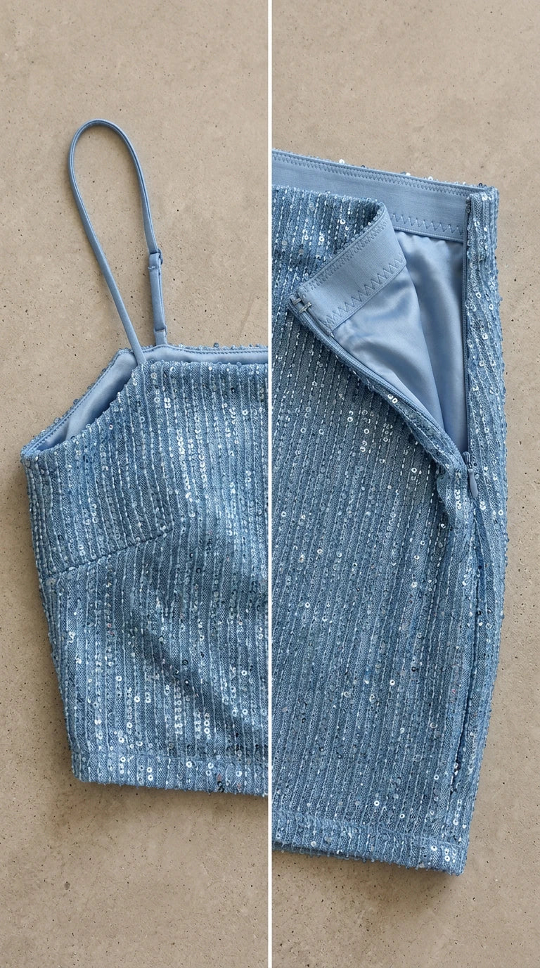 Close-up detail of light blue sequin fabric, adjustable strap, and interior lining with zipper