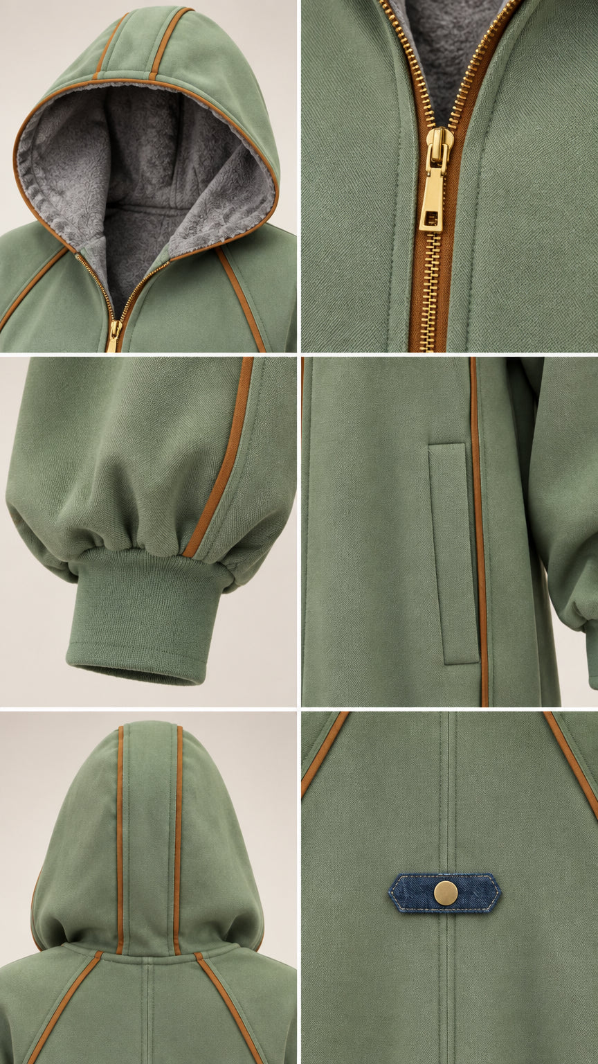 Close-up details of fleece lined hood, zipper, ribbed cuff, and pocket