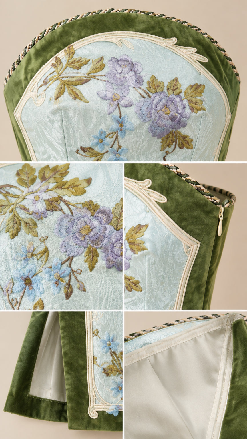 Close-up details of floral jacquard embroidery, braided cord neckline, and side zipper construction