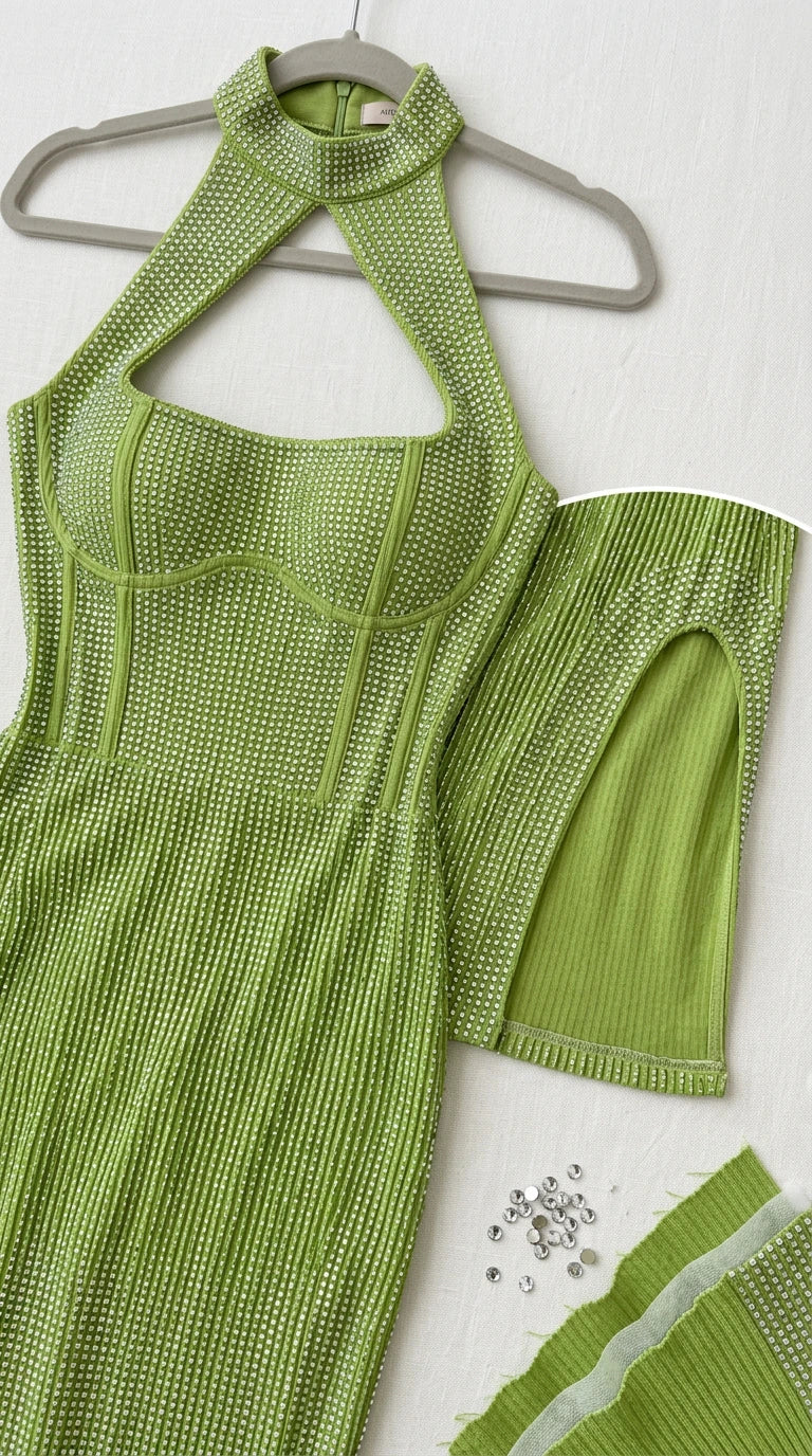 Close-up detail of Lime Green ribbed knit fabric and studded rhinestone seams