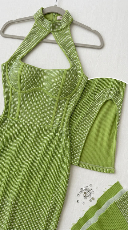 Close-up detail of Lime Green ribbed knit fabric and studded rhinestone seams