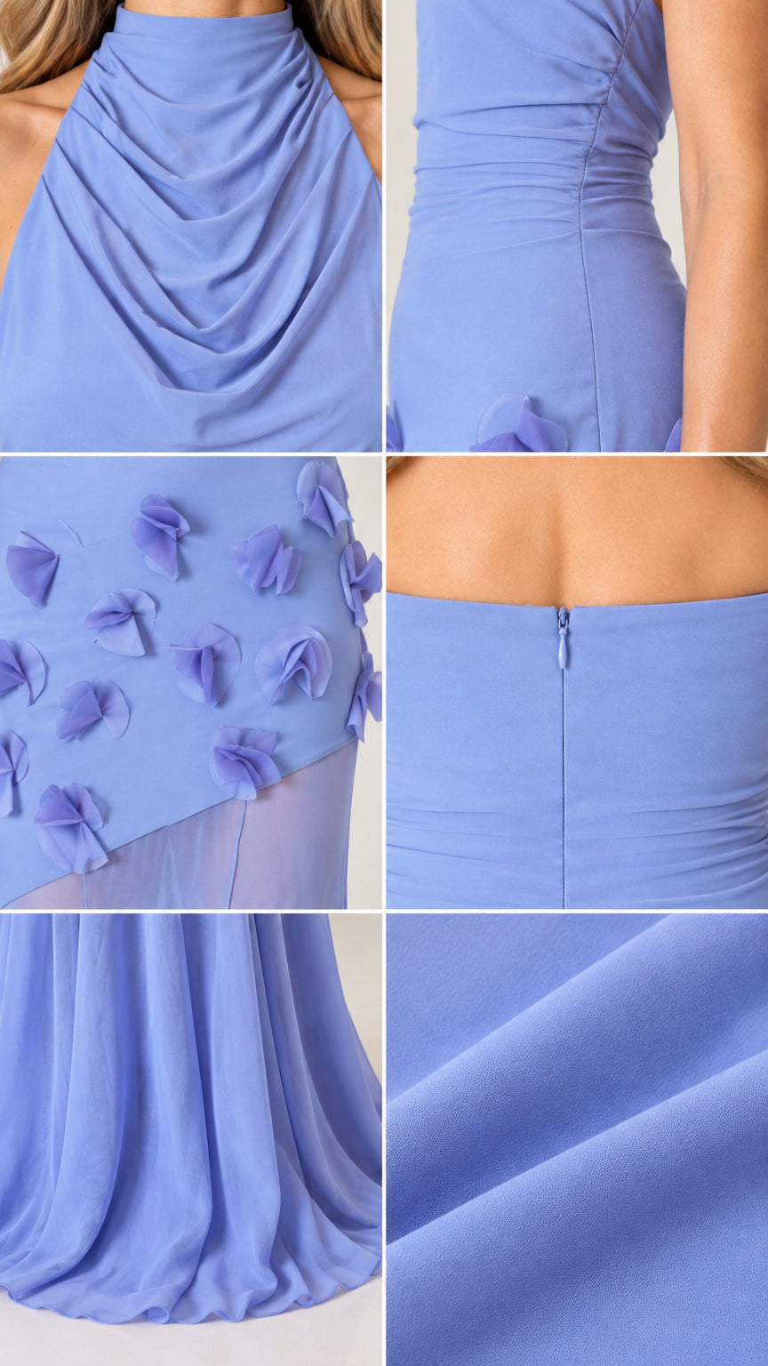 Detailed close-up views of draped cowl neck, 3D floral petals, and back zipper