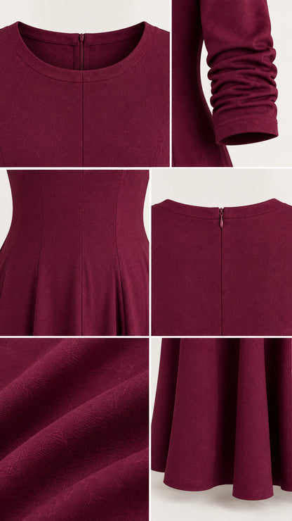 Close-up details of neckline, back zipper, and pleated fabric in burgundy dress