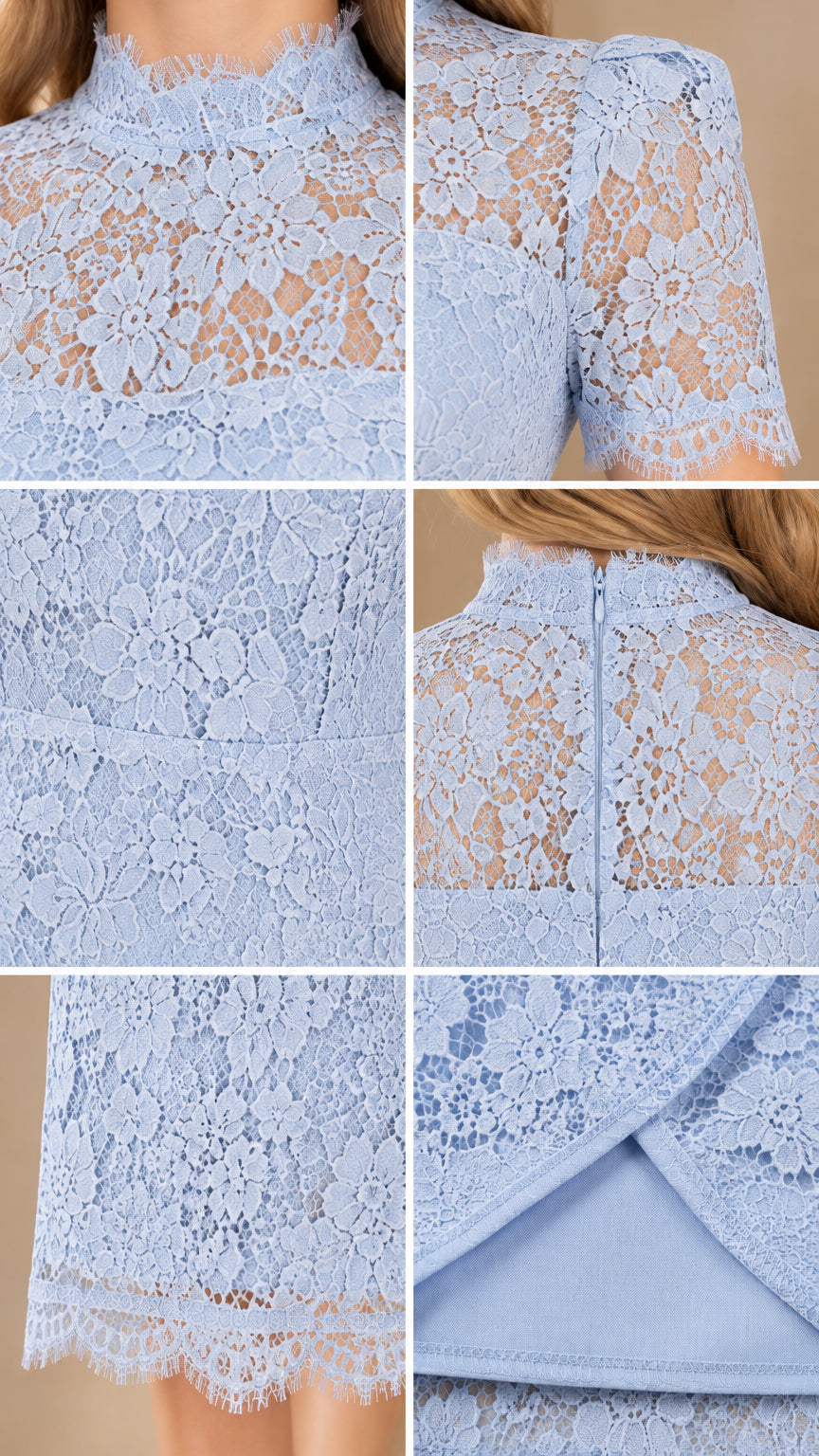 Detailed close-up collage of lace fabric, mock neckline, sleeve, and hem