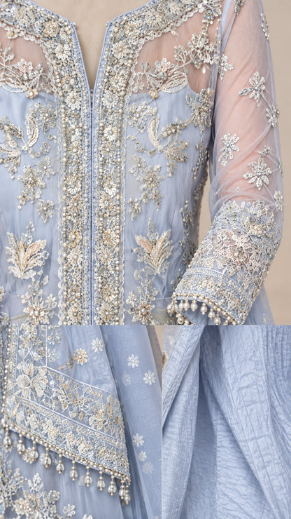 Close-up details of intricate embroidery, beaded cuffs, neckline, and lining on light blue formal dress