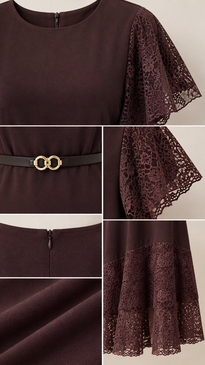 Close-up details of lace sleeves, belt buckle, back zipper, fabric texture, and lace hem