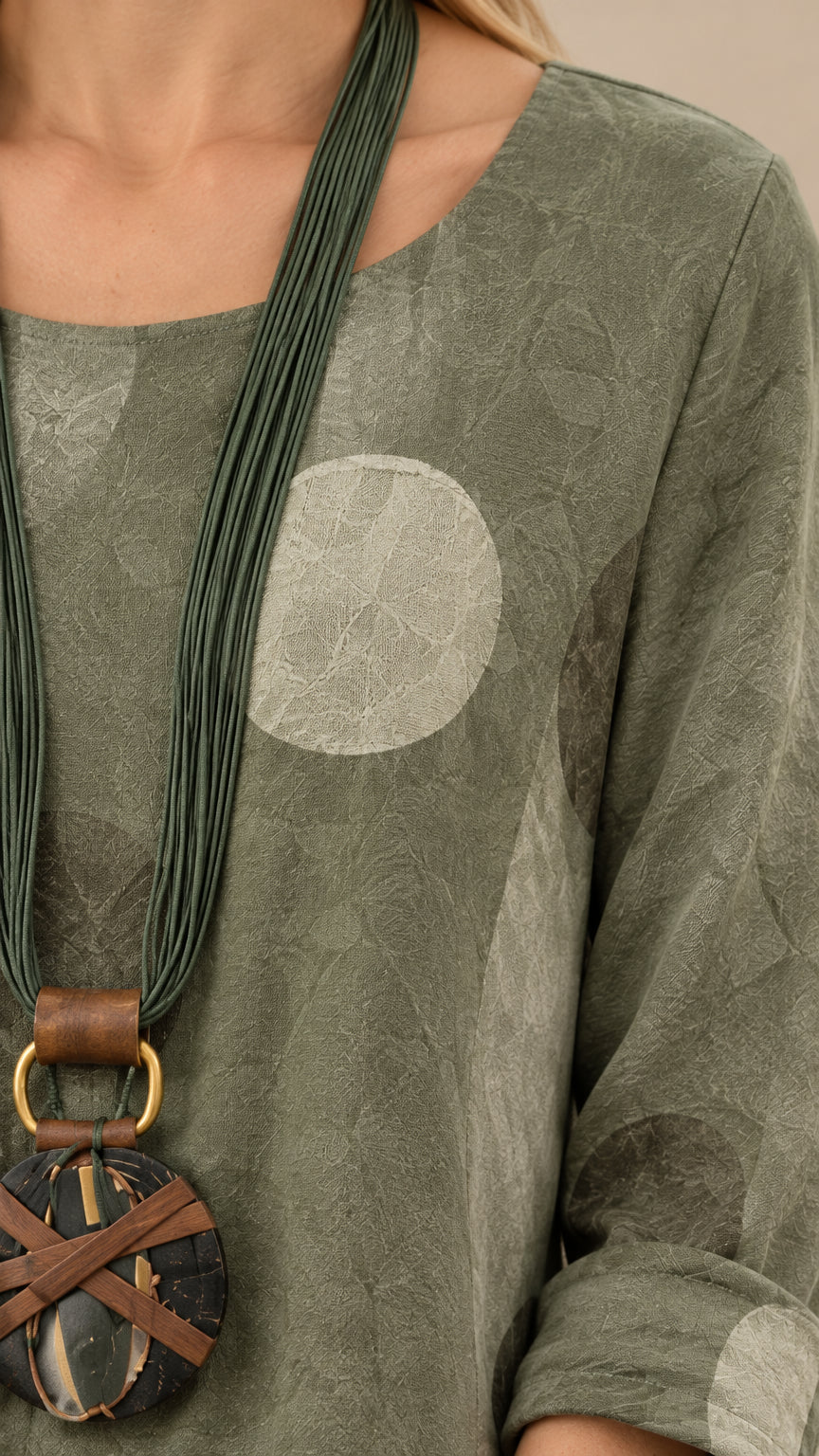 Close-up detail of scoop neckline and textured fabric on polka dot dress