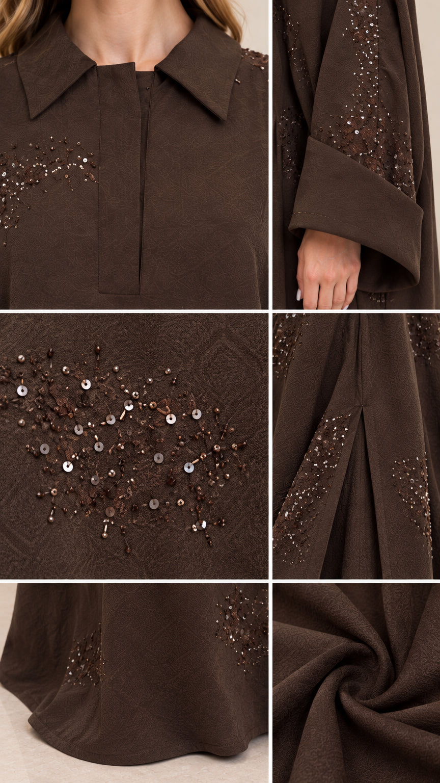 Detailed collage showing collar placket, sequin embellishments, wide cuff, hem, and fabric texture
