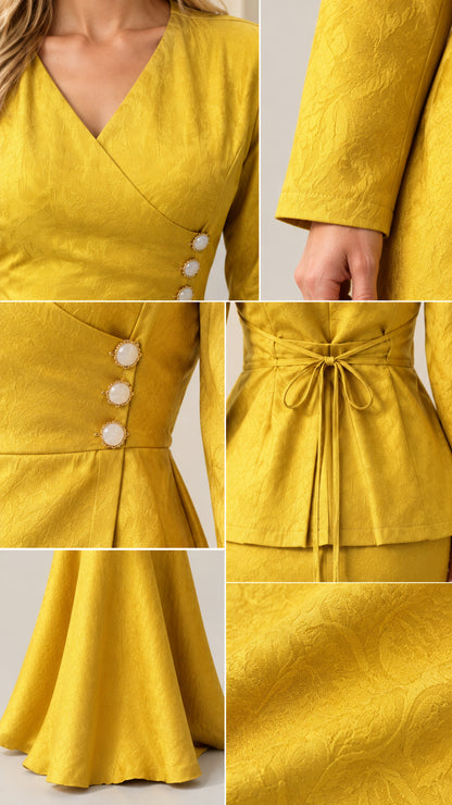 Close-up details of jacquard textured fabric, pearl buttons, and back waist tie