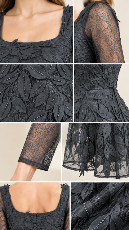 Close-up details of square neckline, embroidered leaf appliqué lace, and sheer sleeves