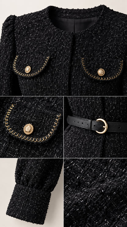 Close-up details of black tweed fabric, chain trim pockets, gold buttons, and slim belt