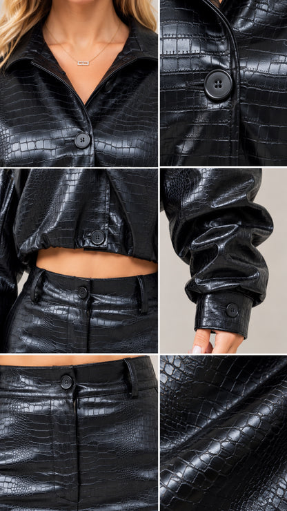 Detailed close-up collage of crocodile embossed texture, collar, buttons, and waistband
