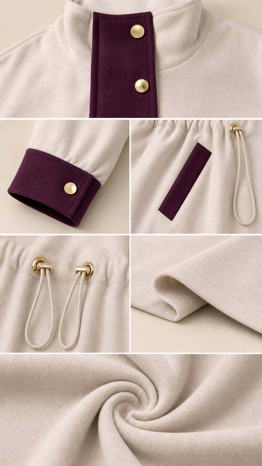 Detailed close-ups of snap collar, contrast cuffs, pocket trim, drawstring waist, and soft fabric texture