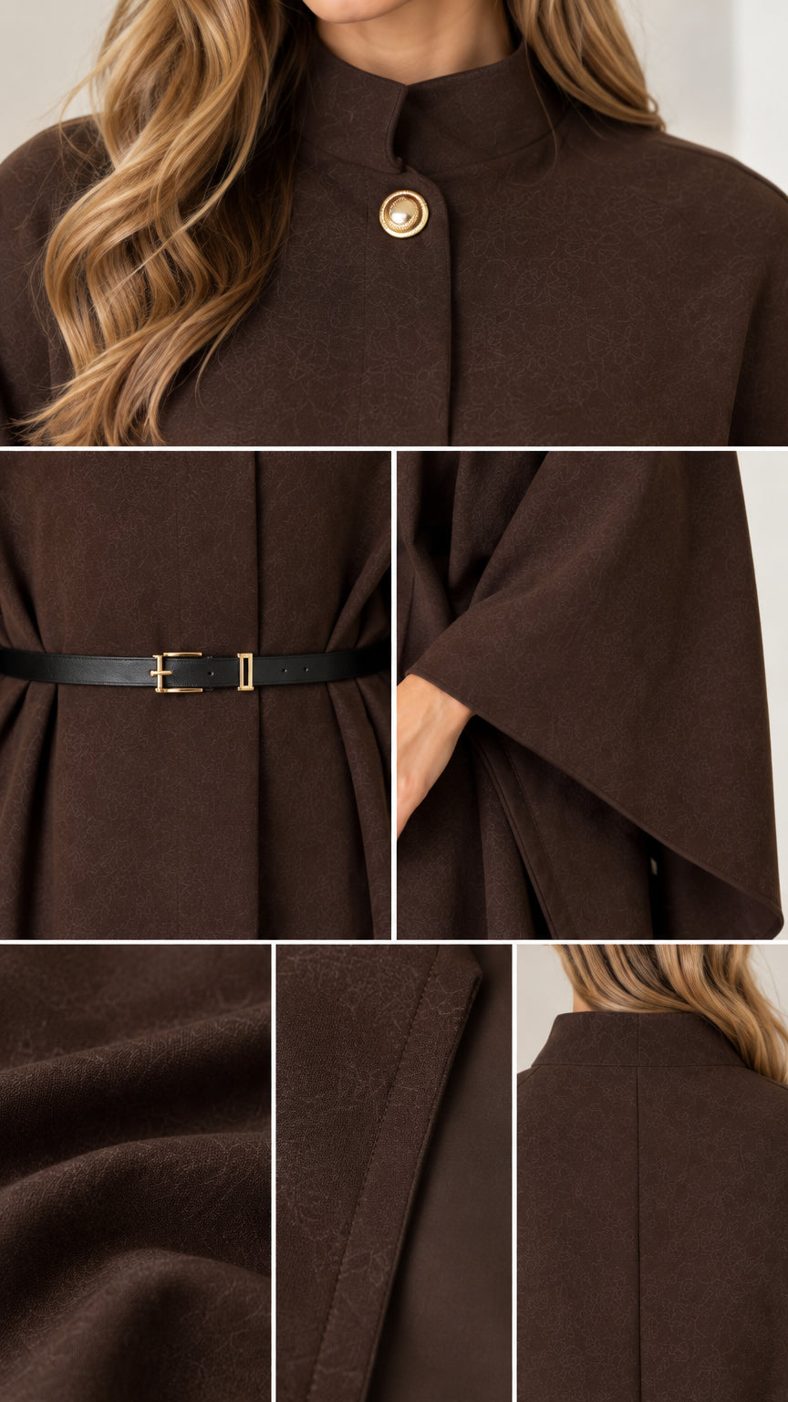 Close-up details of stand collar button, belt buckle, and fabric texture