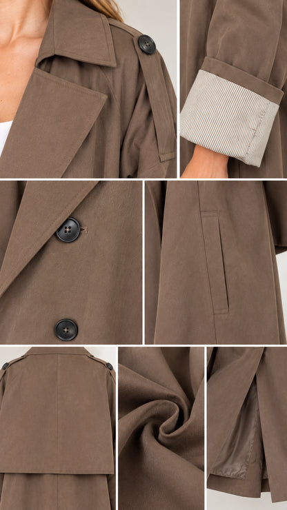 Close-up details of trench coat shoulder epaulet, striped cuff lining, buttons, and pocket