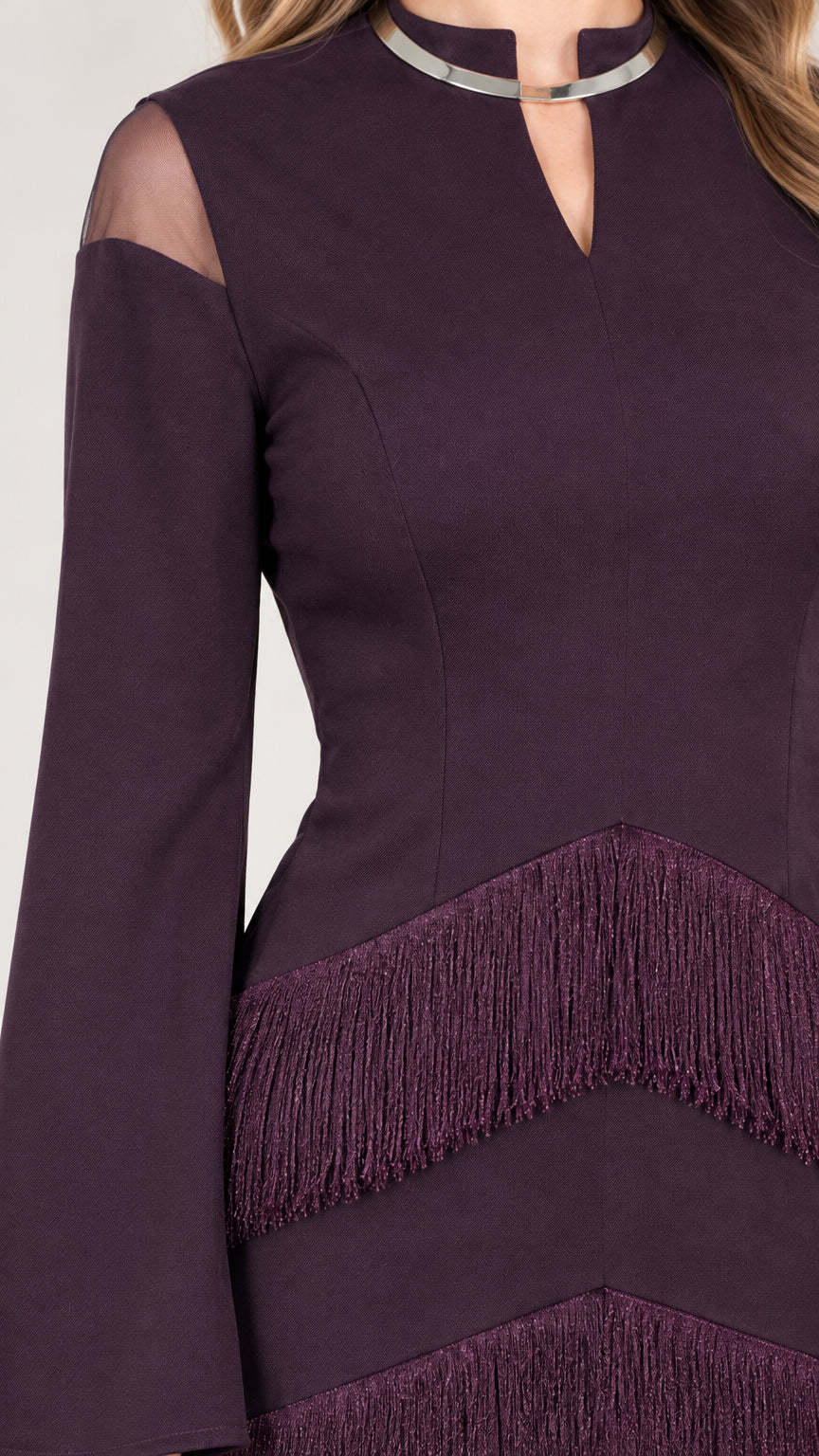 Close-up of Plum dress bodice showing sheer shoulder inserts, metallic neck trim, and fringe detail