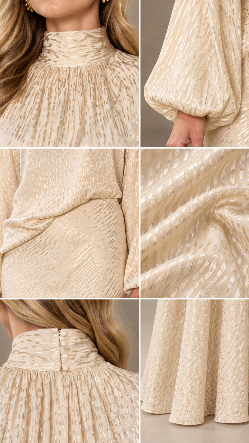 Close-up details of neckline, sleeve cuffs, fabric texture, and back closure