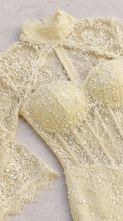 Close-up detail of light yellow corset bodice with delicate lace and sequin embroidery