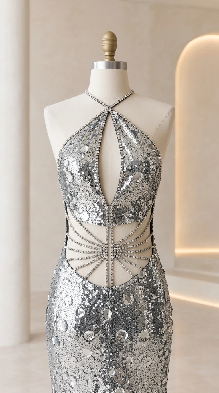 Mannequin close-up of silver sequin dress detailing crystal halter and waist cutouts