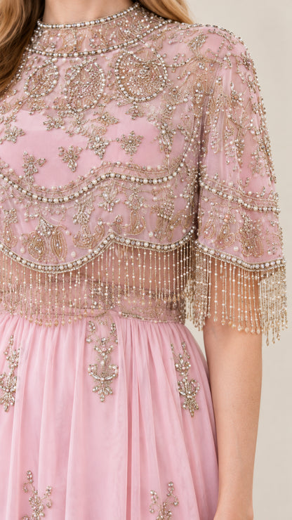 Close-up of Intricate Beadwork and Fringe on Capelet Overlay