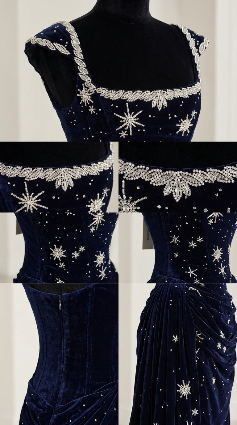 Close-up details of beaded square neckline and celestial embroidery on velvet fabric