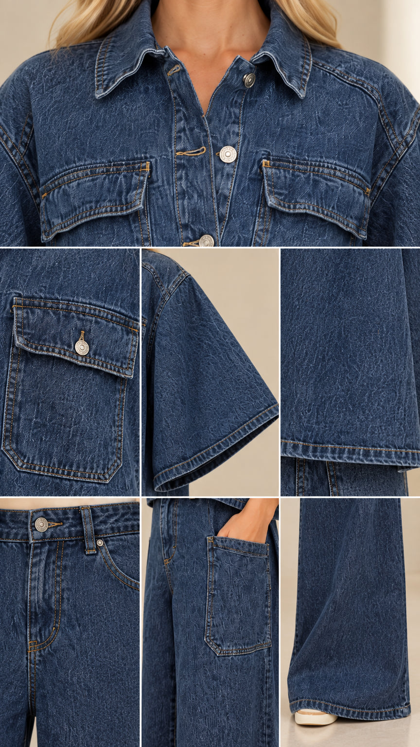 Close-up detail collage of collar, chest pocket, flared sleeve hem, and pant pockets on Denim Blue set