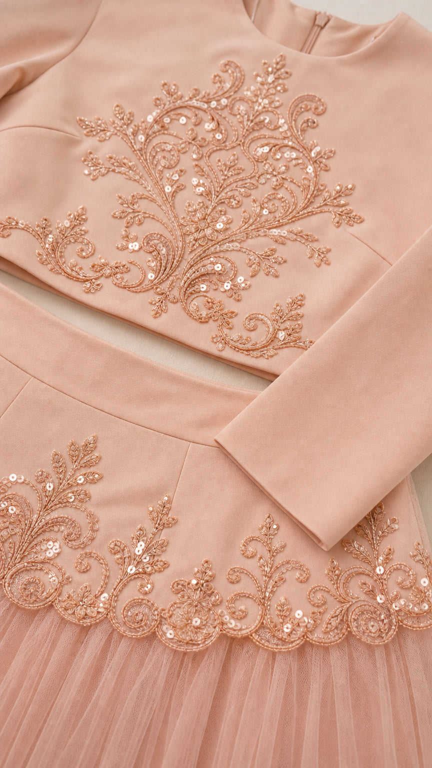 Close-up detail of intricate floral sequin embroidery and tulle fabric on Blush Pink two-piece set