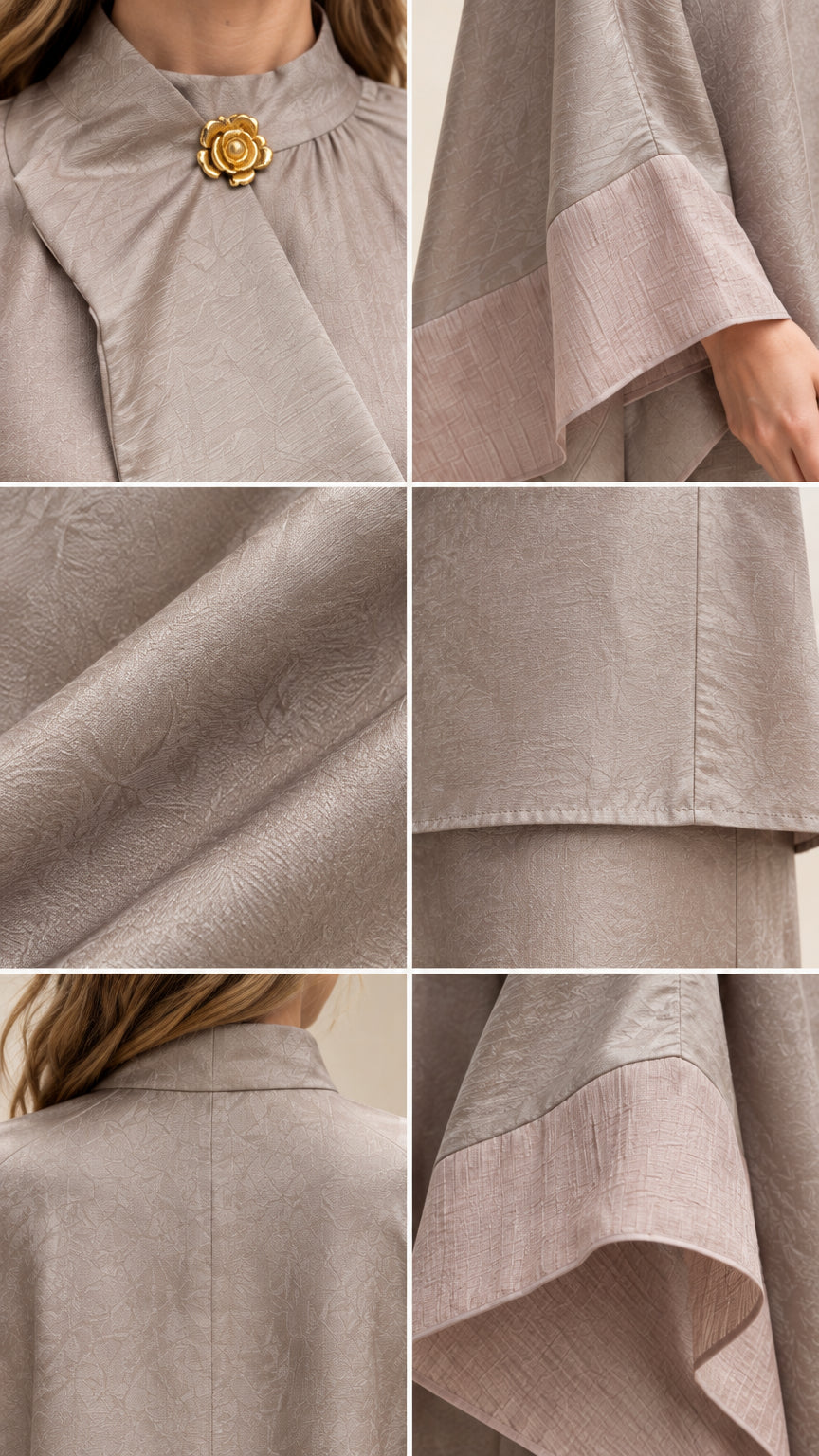 Close-up details of golden neckline brooch, cuff finish, and textured fabric