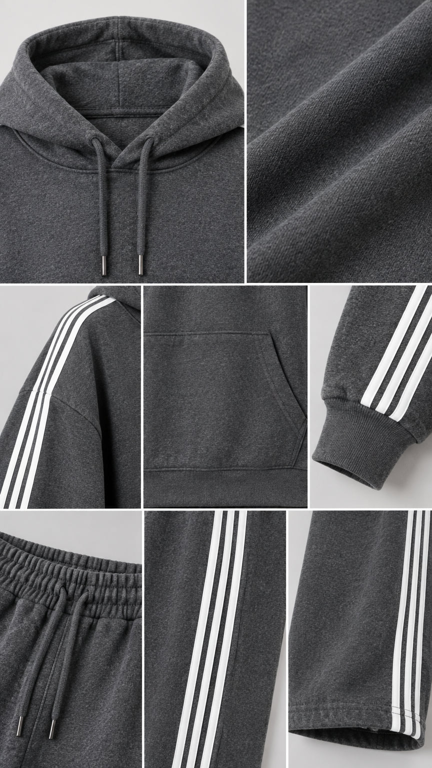 Close-up detail shots of fabric texture, drawstring hood, ribbed cuffs, side stripes, and pockets