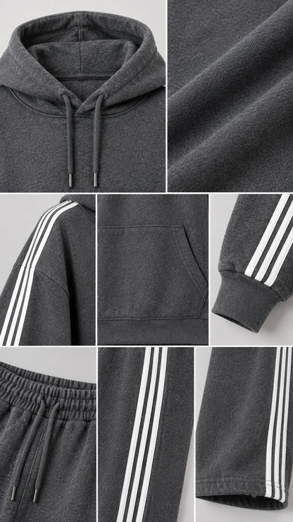 Close-up detail shots of fabric texture, drawstring hood, ribbed cuffs, side stripes, and pockets