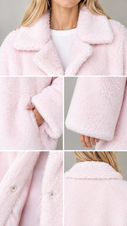 Close-up details of lapel, snap buttons, side pockets, and plush texture