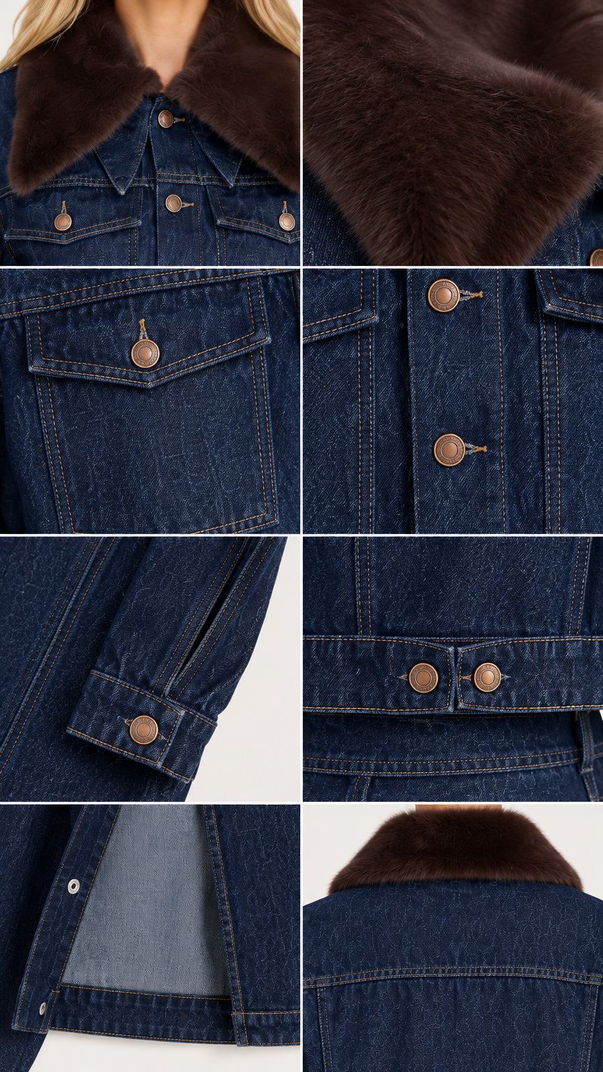 Close-up details of faux fur collar, denim fabric, metal buttons, and stitching