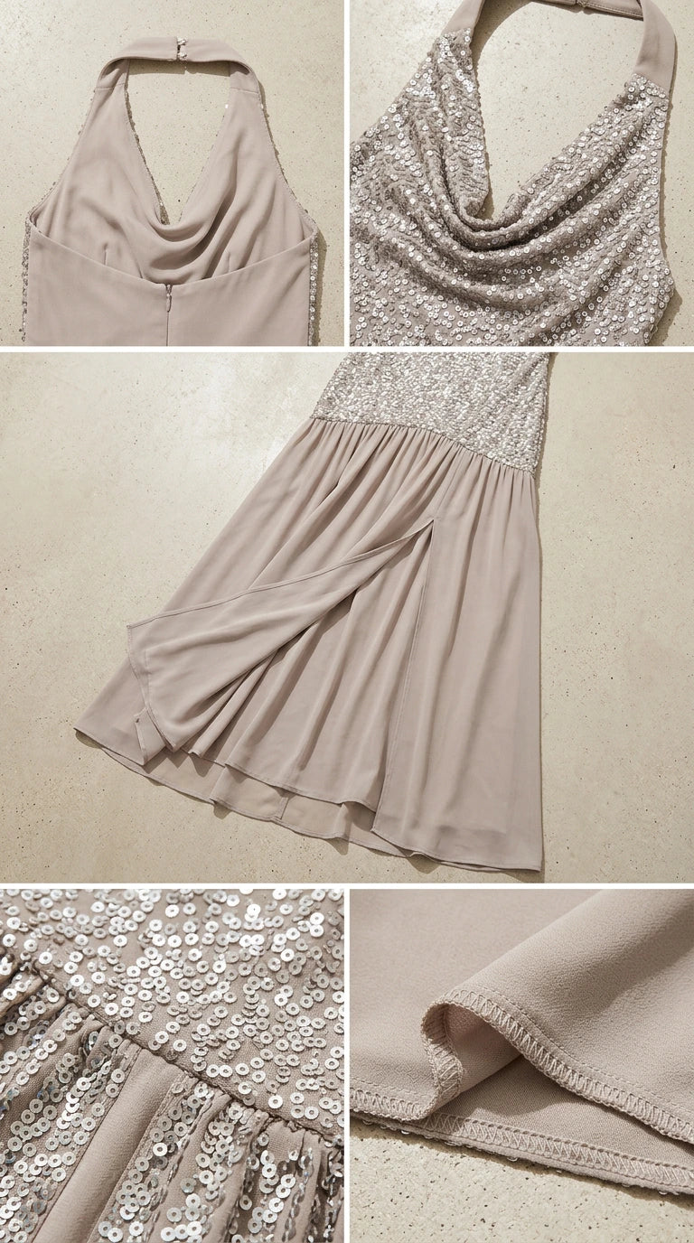 Close-up details of sequin fabric texture, neckline drape, and hem stitching