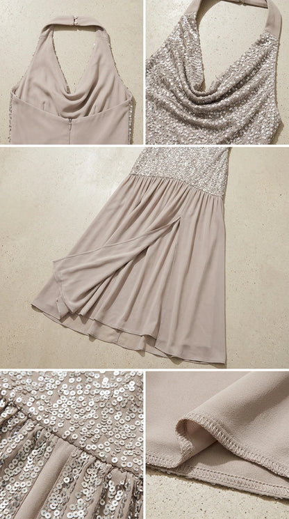 Close-up details of sequin fabric texture, neckline drape, and hem stitching